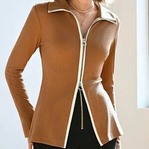 NEW Size S $118 Petite Studio Everly Brown Zip Up Turtleneck Cardigan Sweater